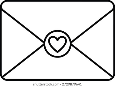 Eine einfache Linienzeichnung eines Umschlags mit einem herzförmigen Siegel, der Liebe und Zuneigung symbolisiert.