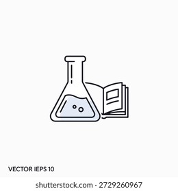 Simple line drawing of Erlenmeyer flask containing liquid and an open book