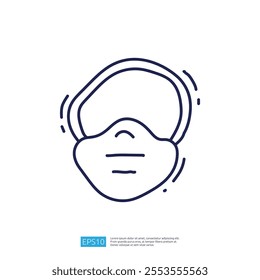 A simple line drawing of a face wearing a mask, emphasizing health and safety.