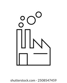 Simple line drawing of a factory building with geometric shapes and circular smoke, representing industry, manufacturing, and production. Black lines on white background with minimalist design.