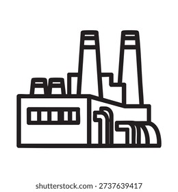 a simple line drawing of a factory building with two large smokestacks and several smaller stacks, emitting smoke, with a logo in the top center