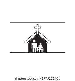 A simple line drawing of a family standing inside a church with a cross on top, representing faith and family values.