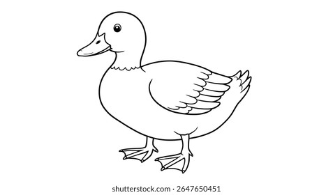 Desenho de linha simples de um personagem de pato de fazenda destacando seus pés de teia distinta ideal para coloração