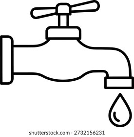 Un simple dibujo de línea de un grifo con una sola gota de agua que cae de su pico, simbolizando una fuga o desperdicio de agua.