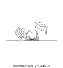 A simple line drawing featuring a globe open book and graduation caps
