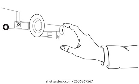 A simple line drawing featuring a hand with a suit sleeve seemingly interacting or about to touch an arrangement of geometric shapes. The design is minimal and modern, with a clean aesthetic.