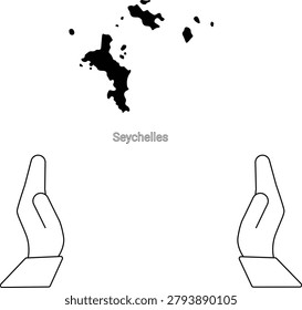 A simple line drawing featuring the outline of the Seychelles islands above two open hands, symbolizing protection or offering.