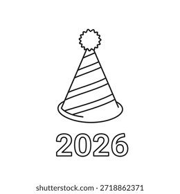 Un simple dibujo de línea de un sombrero de fiesta festivo con el año 2026 debajo.
