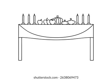Simple line drawing of festive table setting with apples pumpkins and candles