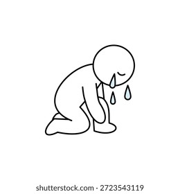Dibujo de línea simple de una figura arrodillada, con la cabeza inclinada, con lágrimas cayendo. Representa tristeza, dolor, depresión o angustia emocional. Estilo minimalista, aislado en blanco.