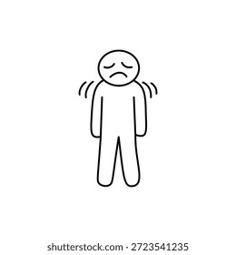 Desenho de linha simples de uma figura tremendo. A pessoa tem um rosto triste, sugerindo frio, doença ou angústia emocional. Design minimalista em um fundo branco.