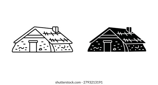 Simple line drawing and filled icon representing a rustic dwelling. Ideal for architectural concepts or rural themes.