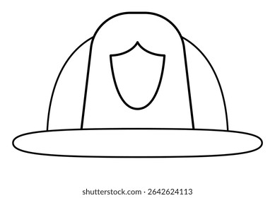 Simple line drawing of firefighter helmet with shield emblem. Clipart image isolated on background.