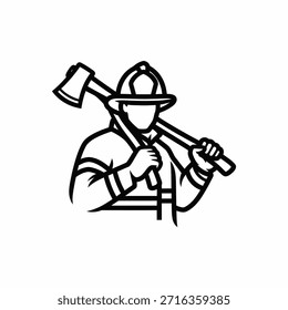 Um simples desenho em linha de um bombeiro usando um capacete e segurando um machado sobre seu ombro, simbolizando bravura e resposta de emergência.
