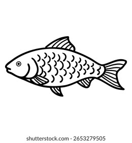 A simple line drawing of a fish with scales and fins. The fish has a rounded body and a pointed tail, depicted in a minimalist style.