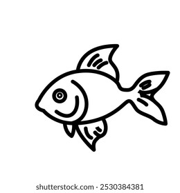 A simple line drawing of a fish, showcasing its fins and cheerful expression.