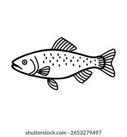 Um simples desenho de linha de um peixe com um corpo aerodinâmico e pontos distintos ao longo de seus lados. O peixe é retratado em uma vista lateral, mostrando suas barbatanas e cauda.