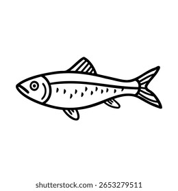 Um simples desenho de linha de um peixe com um corpo aerodinâmico e barbatanas distintas. O peixe tem focinho pontiagudo e é ilustrado em preto e branco.