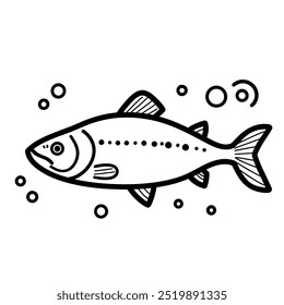 A simple line drawing of a fish surrounded by bubbles.