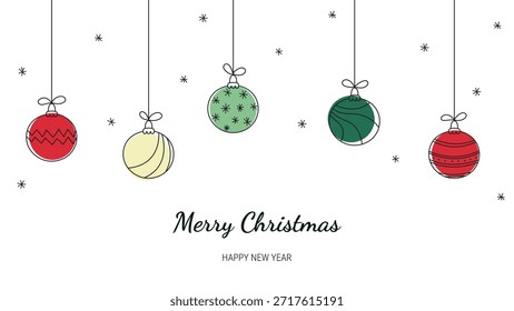 Simple line drawing of five hanging christmas ornaments