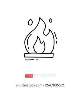 Eine einfache Linienzeichnung einer Flamme mit Wassertropfen, die Feuer und möglicherweise Wärme oder Energie symbolisiert.