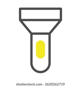 Um simples desenho de linha de um ícone de lanterna. Tem uma lente amarela brilhante contra um fundo branco, ideal para design gráfico e wayfind.