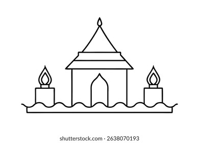 Simple line drawing floating temple candles water