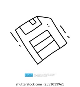 A simple line drawing of a floppy disk, tilted at an angle, representing digital storage and nostalgia for older technology.