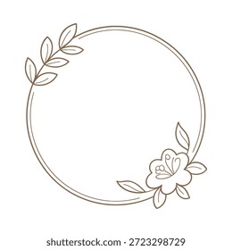 Desenho de linha simples de uma borda de círculo floral com rosa e folhas