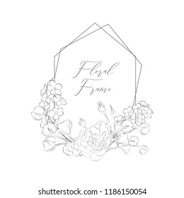 Simple Line Drawing Floristic Frame Border with Delicate Cotton Flowers, Rose, Forget me not, Branches, Plants with Geometric Shape. Decorative Outlined Vector Illustration. Floral Design Element.