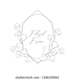 Simple Line Drawing Floristic Frame Border with Delicate Cotton Flowers, Branches, Plants with Geometric Shape. Decorative Outlined Vector Illustration. Floral Design Element.