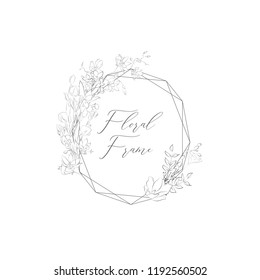 Simple Line Drawing Floristic Frame Border with Delicate Cotton Flowers, Rose, Forget me not, Branches, Plants with Gem Geometric Shape. Decorative Outlined Vector Illustration. Floral Design Element.