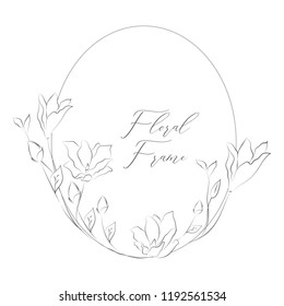 Simple Line Drawing Floristic Frame Border with Delicate Flowers, Rose, Forget me not, Branches, Plants with Round Geometric Shape. Decorative Outlined Vector Illustration. Floral Design Element