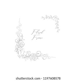 Simple Line Drawing Floristic Frame Border with Delicate Drawn Flowers, Rose, Forget me not, Branches, Plants. Square Decorative Corners. Decorative Outlined Vector Illustration. Design Element.