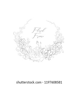 Simple Line Drawing Floristic Frame Border with Delicate Drawn Flowers, Rose, Forget me not, Branches, Plants. Round Shape. Decorative Outlined Vector Illustration. Floral Design Element.