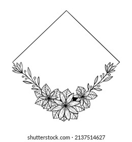 Simple Line Drawing Floristic Frame Border with Flowers and Branches, Plants with Gem Geometric Shape. Decorative Outlined Vector Illustration. Floral Design Element.