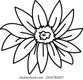 Um simples desenho em linha de uma flor com múltiplas pétalas em torno de um disco central, que tem uma forma de flor menor dentro dele. As pétalas são alongadas com pontas pontiagudas.