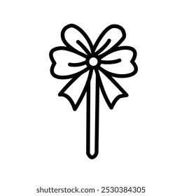 A simple line drawing of a flower on a stick with a ribbon, resembling a decorative wand.