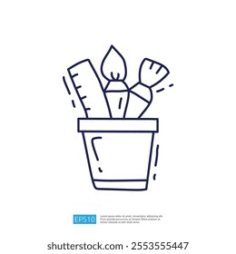 A simple line drawing of a flower pot containing art supplies like brushes and a ruler, symbolizing creativity and artistic expression.