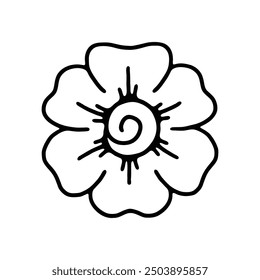 A simple line drawing of a flower with a swirl at its center.