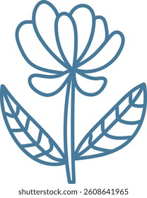 A simple line drawing of a flower with two leaves in a minimalist style. The illustration depicts an elegant floral design using clean lines. Cartoon vector illustration.