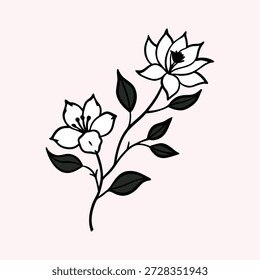Un simple dibujo de línea de una rama floreciente con dos flores y hojas sobre un fondo liso