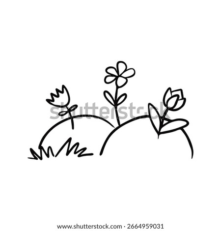 Simple Line Drawing of Flowers Growing on a Hillside with Grass