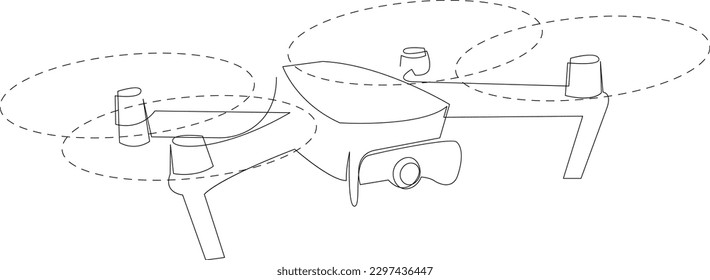 Simple line drawing of flying drone airplane. Minimalist line unmanned plane graphic. Modern air gadget for videography concept. Vector illustration.