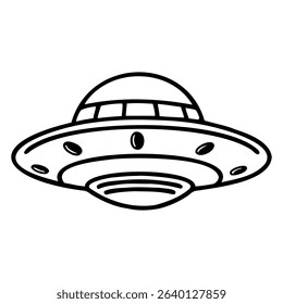 A simple line drawing of a flying saucer. The UFO features a dome-shaped top and a circular base with lights around the edge. It represents science fiction themes.