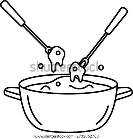 A simple line drawing of a fondue pot with two forks dipping into it, surrounded by a few splatters