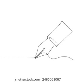 simple line drawing of a fountain pen. The nib of the pen is touching a piece of paper, suggesting the act of writing. The pen is positioned at an angle, indicating the beginning of writing