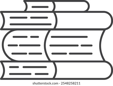 Simple line drawing of four books stacked, with the middle book open, showing text, representing learning, studying, and reading