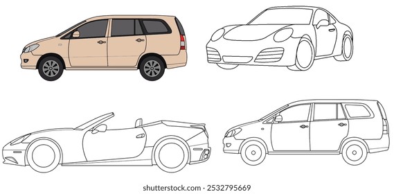 Desenho de linha simples de quatro modelos diferentes de carro isolado em um fundo branco