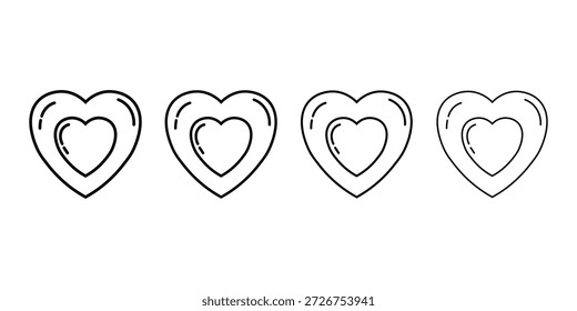 Eine einfache Strichzeichnung von vier Herzen auf weißem Hintergrund. Die Herzen sind mit einem schwarzen Umriss gezeichnet und haben ein geschachteltes, konzentrisches Design. Das Bild ist eine minimalistische Darstellung von Liebe und Zuneigung, perfekt für den Einsatz in verschiedenen Designprojekten, wie Valentinstag-Karten, Geschenkanhänger oder Social-Media-Grafiken.
